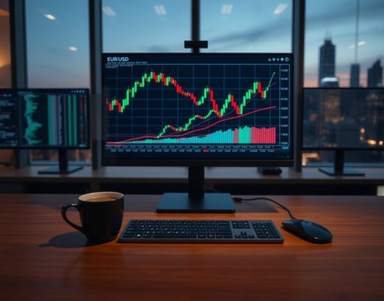 Forex trading screen showing EUR/USD candlestick chart with keyboard and coffee on desk.