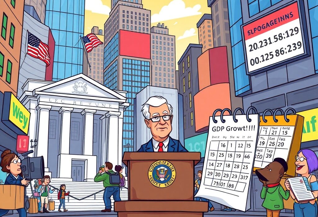 Cartoon illustration of a financial calendar and market indicators, representing the impact of key economic events on global markets.