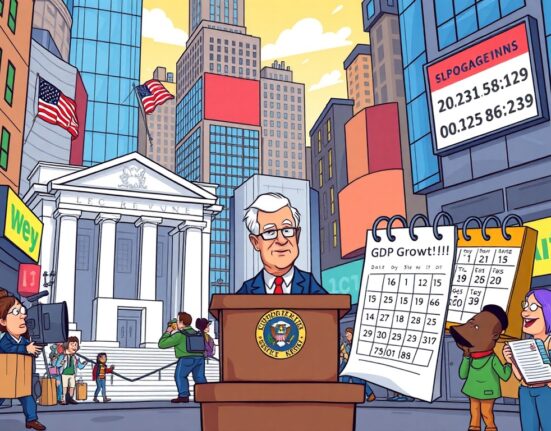 Cartoon illustration of a financial calendar and market indicators, representing the impact of key economic events on global markets.