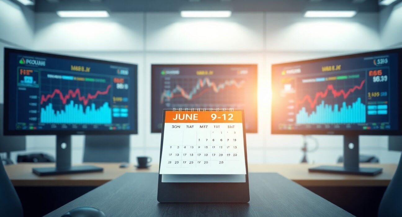 Newsroom desk with financial charts and a calendar highlighting key macro events for June 9-12.