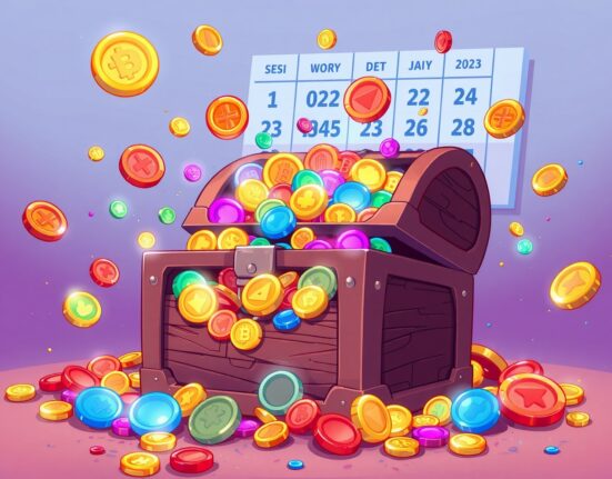 Cartoon illustration of crucial token unlocks releasing from a treasure chest during December week