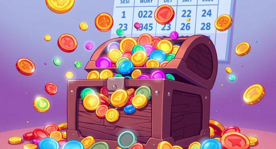Cartoon illustration of crucial token unlocks releasing from a treasure chest during December week
