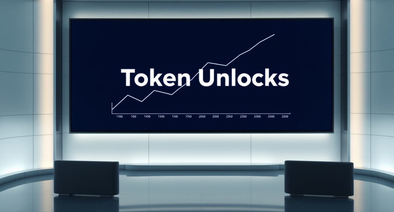 Digital display board showing token unlock schedule in a newsroom setting