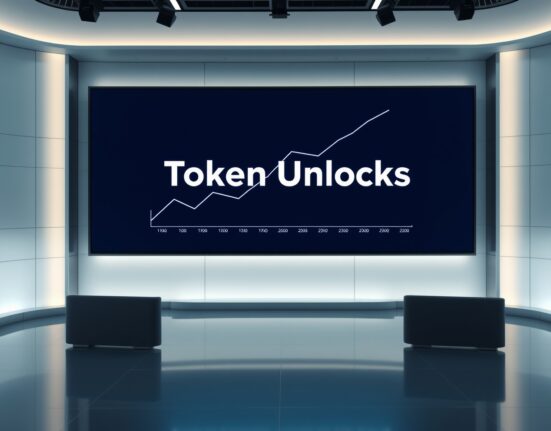 Digital display board showing token unlock schedule in a newsroom setting