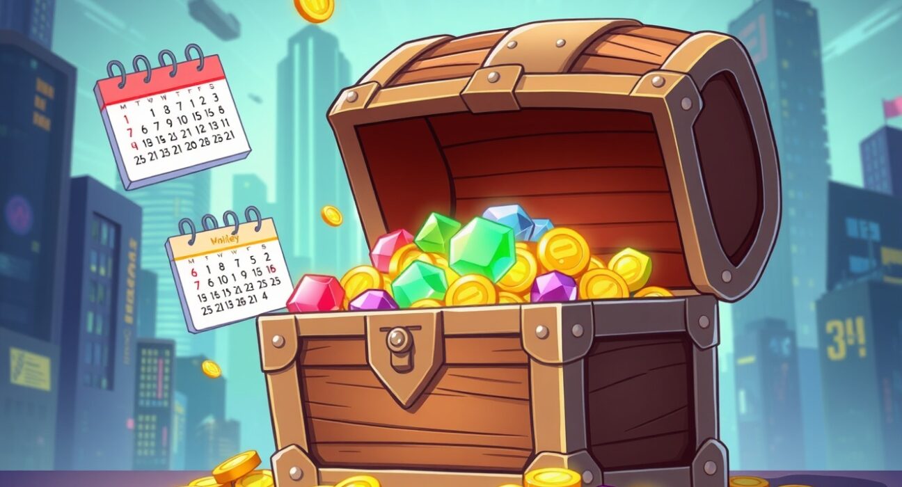 A vibrant cartoon illustrating the concept of key token unlocks with a treasure chest of digital tokens.