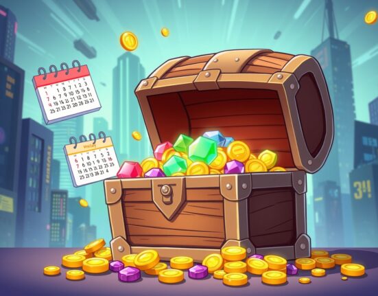 A vibrant cartoon illustrating the concept of key token unlocks with a treasure chest of digital tokens.
