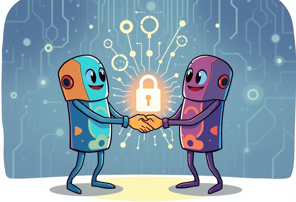 Cartoon illustration of Self Chain and Inference Labs collaborating on a secure keyless wallet system for Web3 AI verification.