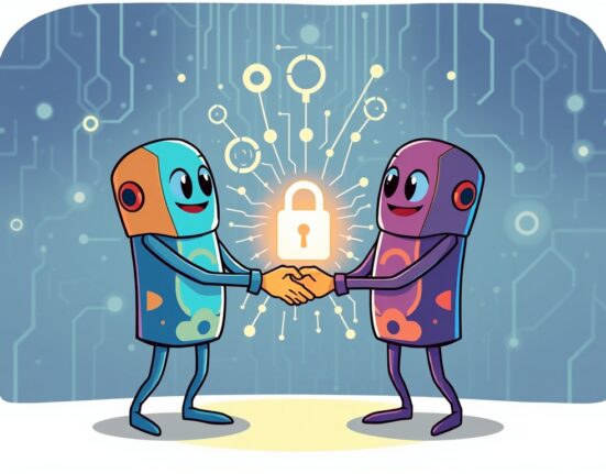 Cartoon illustration of Self Chain and Inference Labs collaborating on a secure keyless wallet system for Web3 AI verification.