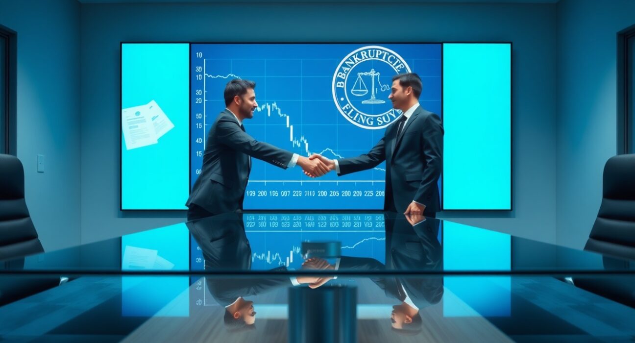 Handshake between business representatives in a modern office with a financial chart and bankruptcy documents on a screen