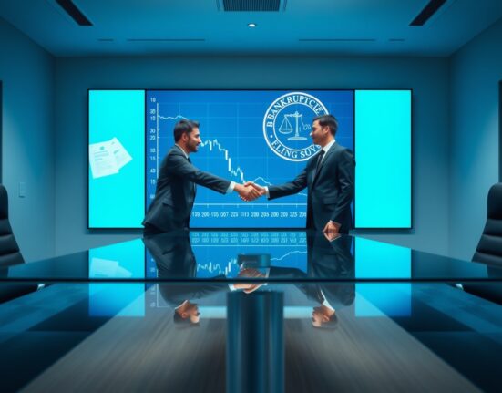 Handshake between business representatives in a modern office with a financial chart and bankruptcy documents on a screen