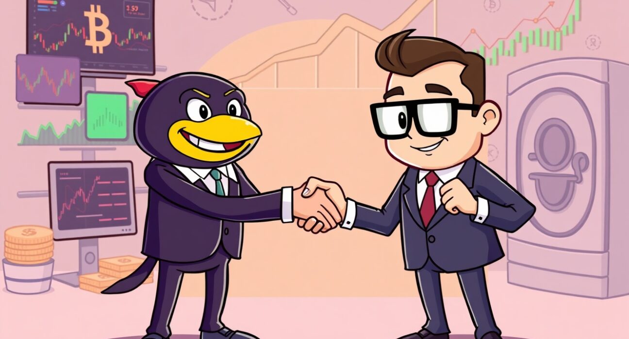 Cartoon showing Keyrock's strategic Keyrock acquisition of Turing Capital, expanding into asset and wealth management.