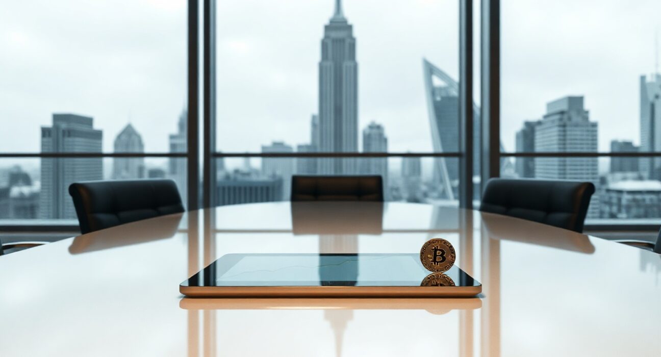 Corporate boardroom with tablet showing crypto growth chart and a digital coin model
