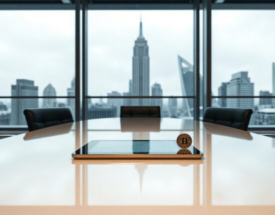 Corporate boardroom with tablet showing crypto growth chart and a digital coin model