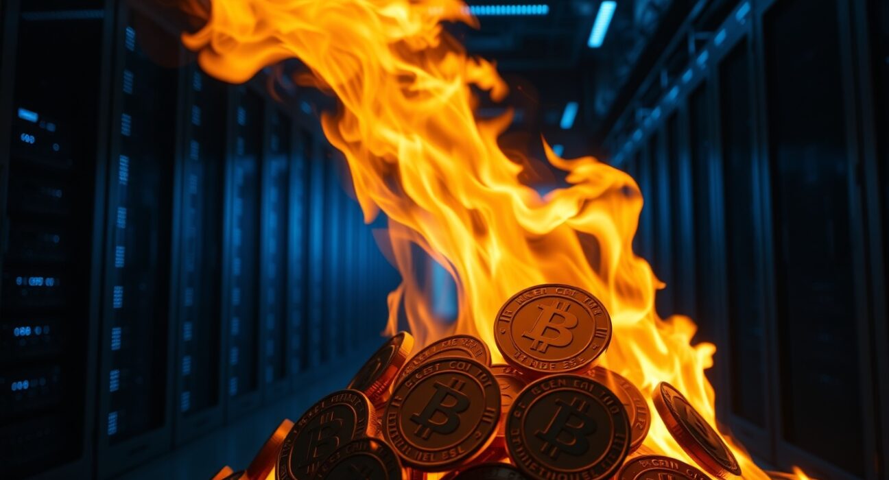 Symbolic image of KGEN tokens burning in a server room representing a token burn event.
