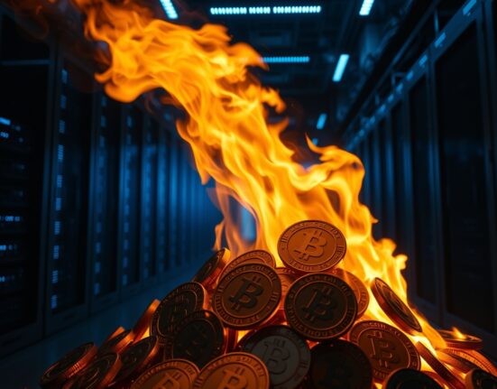 Symbolic image of KGEN tokens burning in a server room representing a token burn event.