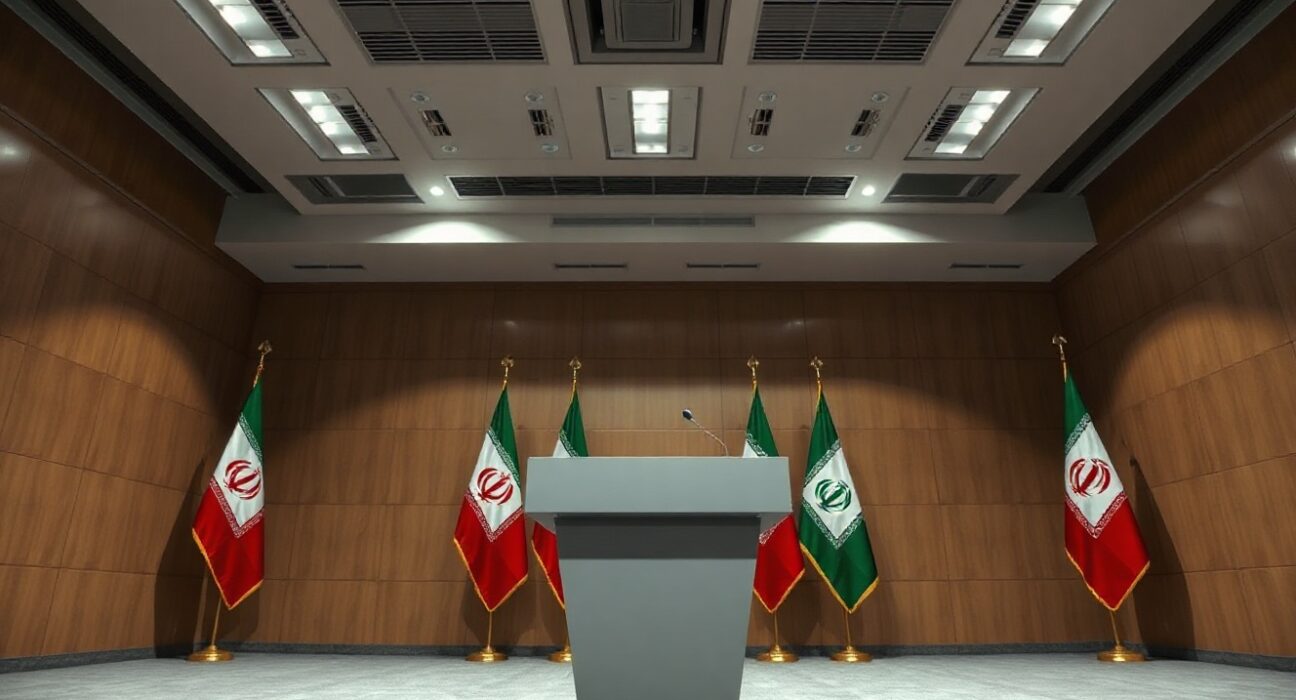 Iranian flags and podium at a formal press conference in Tehran