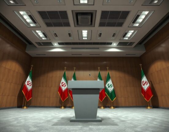 Iranian flags and podium at a formal press conference in Tehran