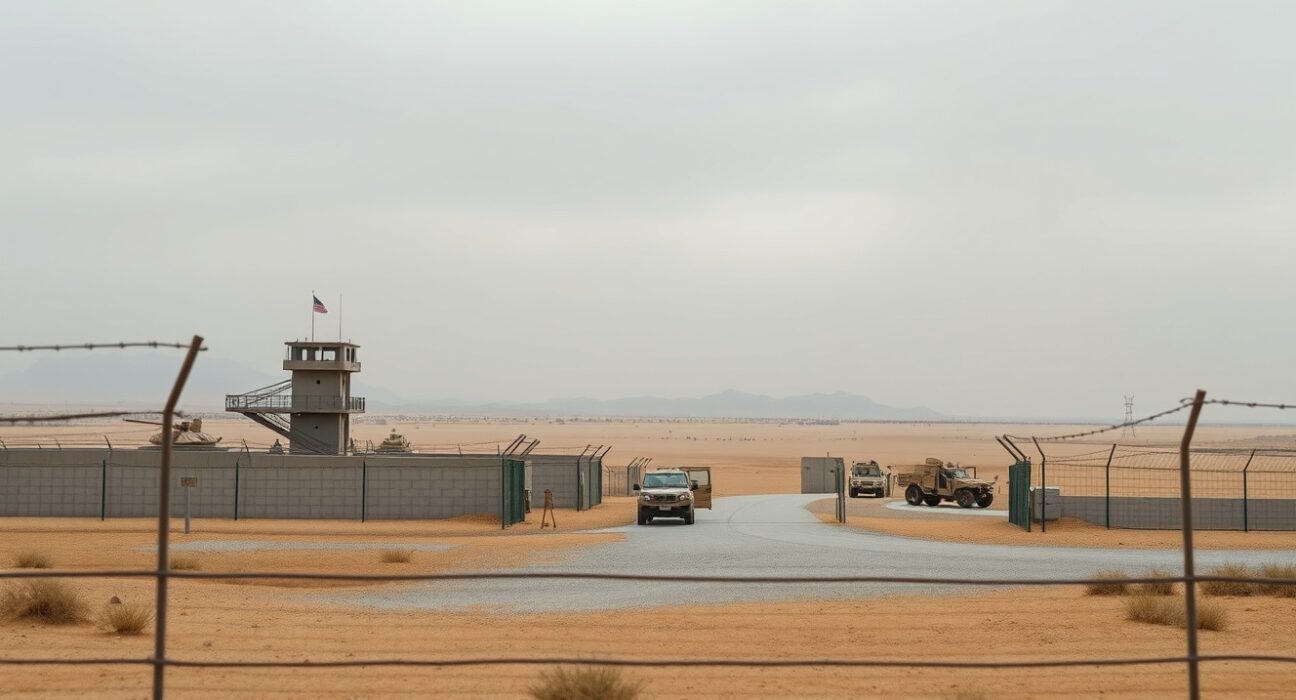View of a US military base in the Middle East with desert surroundings and security barriers under an overcast sky.