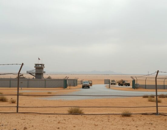 View of a US military base in the Middle East with desert surroundings and security barriers under an overcast sky.