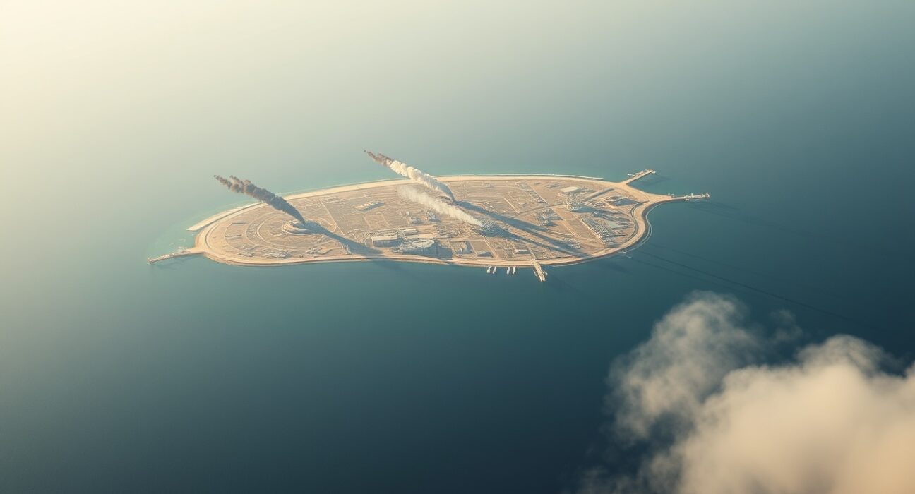 Aerial view of Iran's Kharg Island following US military airstrike on strategic targets.