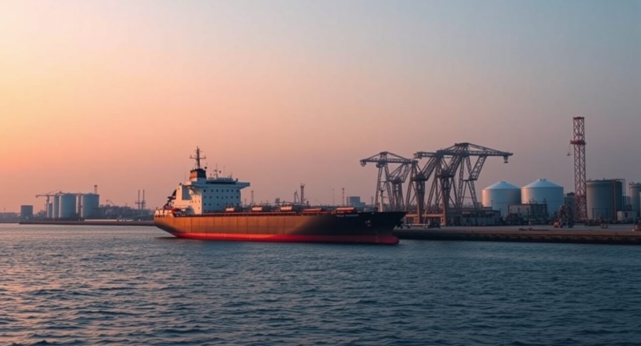 Kharg Island oil terminal operations with tanker at dusk, representing strategic energy infrastructure announcement.