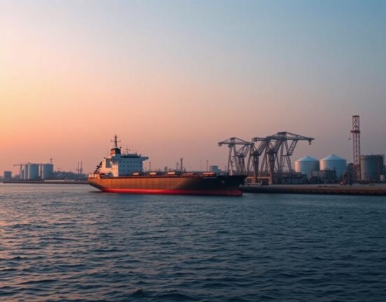 Kharg Island oil terminal operations with tanker at dusk, representing strategic energy infrastructure announcement.