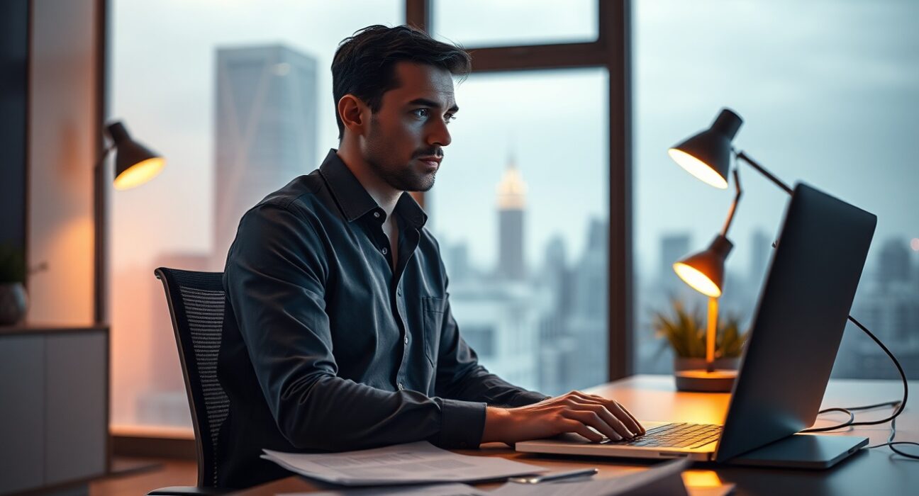 Ian Crosby, founder of Synthetic, working late in a modern office with city skyline background