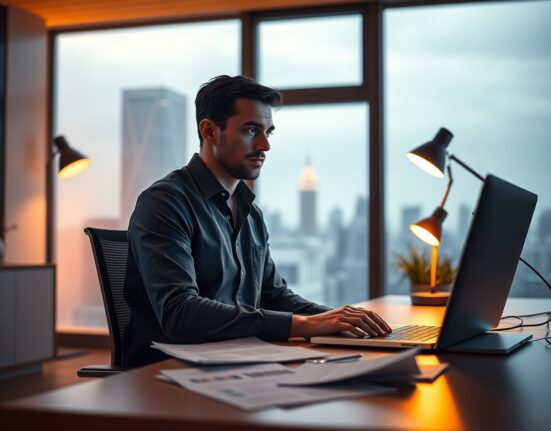 Ian Crosby, founder of Synthetic, working late in a modern office with city skyline background