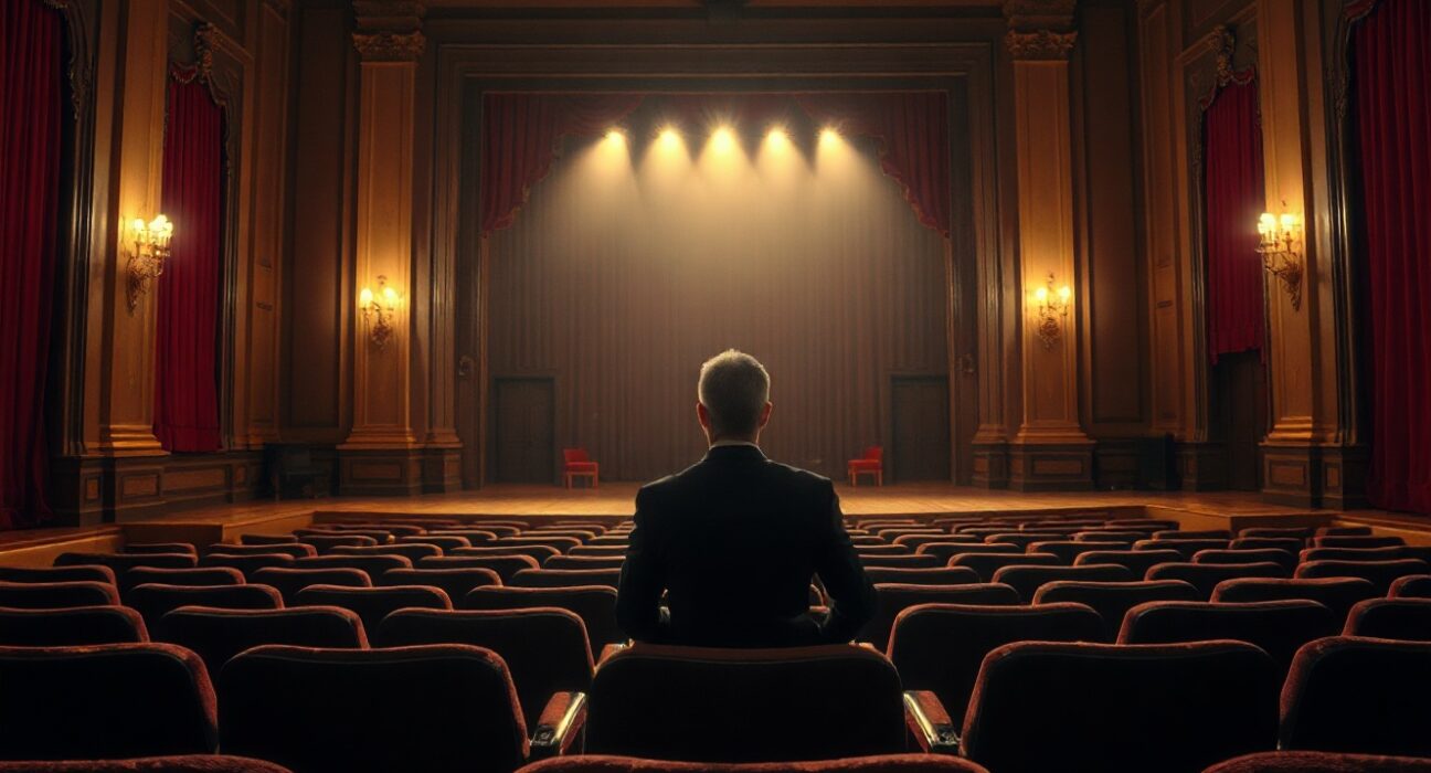 Empty classical concert hall with a single suited audience member, symbolizing the shift from crypto's free-spirited era to institutionalized markets.