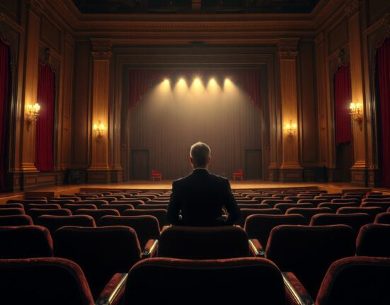 Empty classical concert hall with a single suited audience member, symbolizing the shift from crypto's free-spirited era to institutionalized markets.