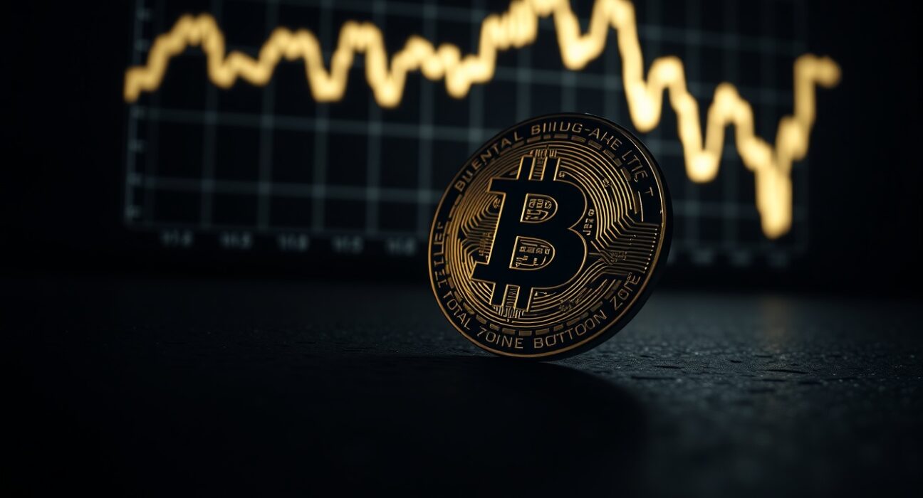 Bitcoin coin on dark surface with faint chart projection in background