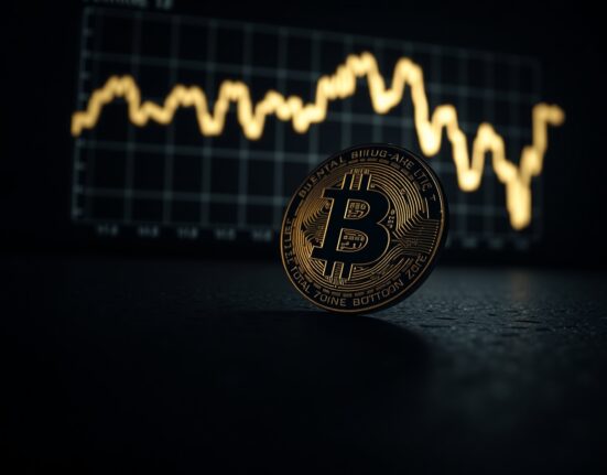 Bitcoin coin on dark surface with faint chart projection in background