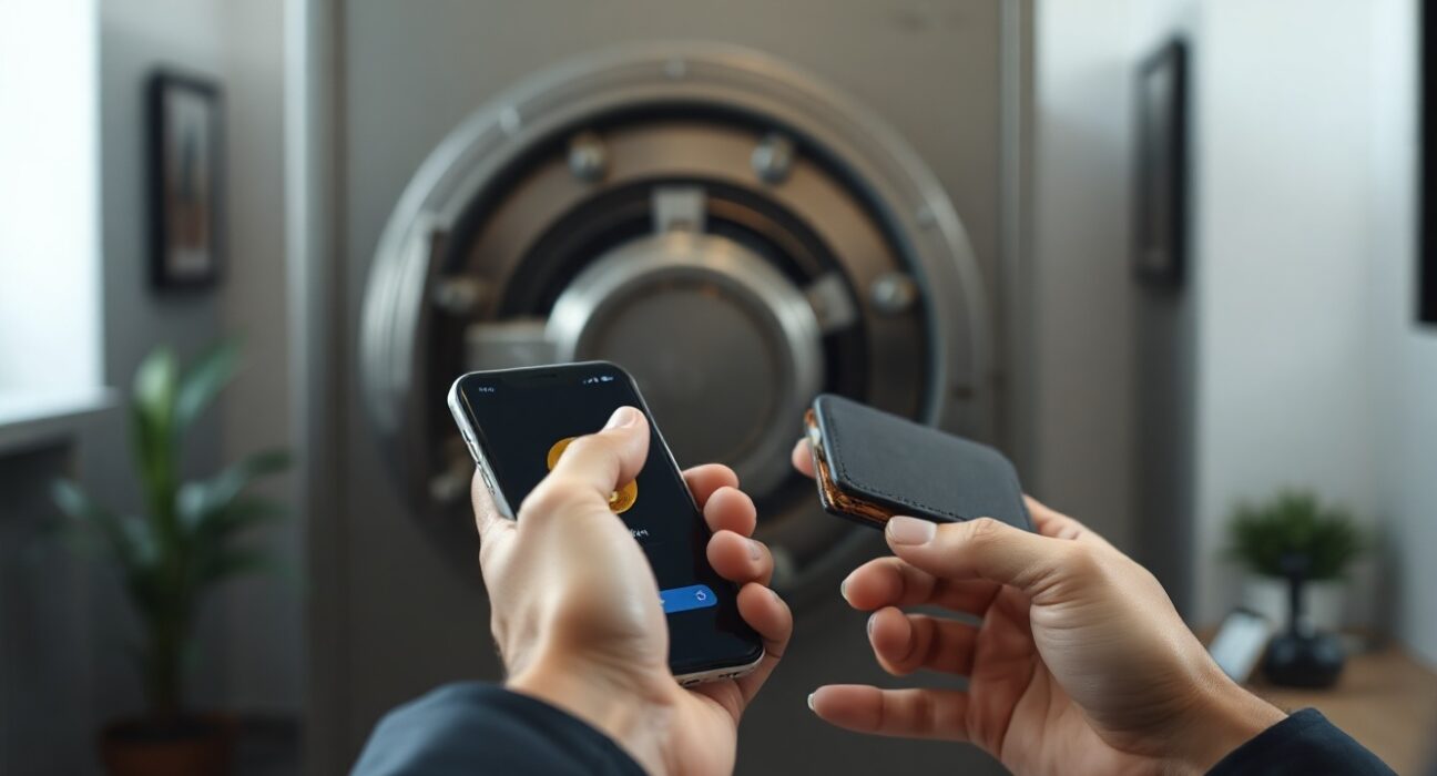 Hands holding a smartphone with a crypto wallet app and a hardware wallet, with a bank vault blurred in background