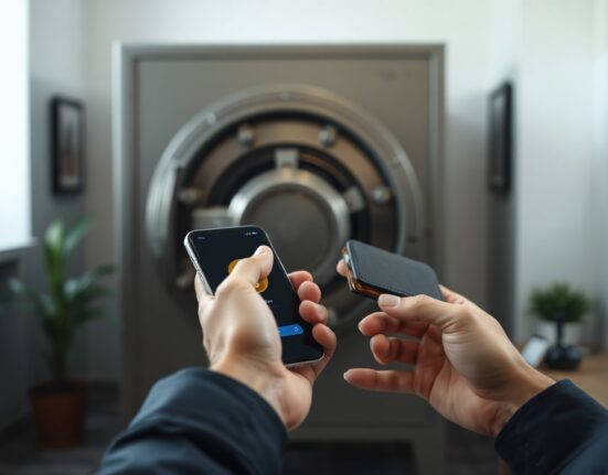 Hands holding a smartphone with a crypto wallet app and a hardware wallet, with a bank vault blurred in background
