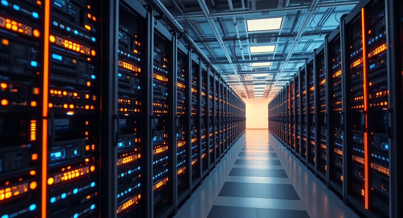 Interior of a Bitcoin mining data center with rows of mining rigs