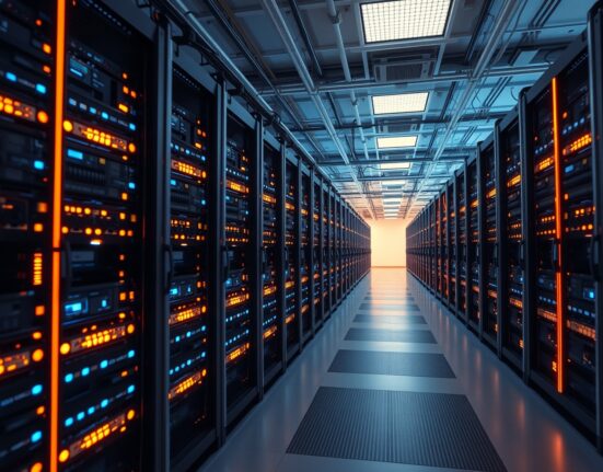Interior of a Bitcoin mining data center with rows of mining rigs