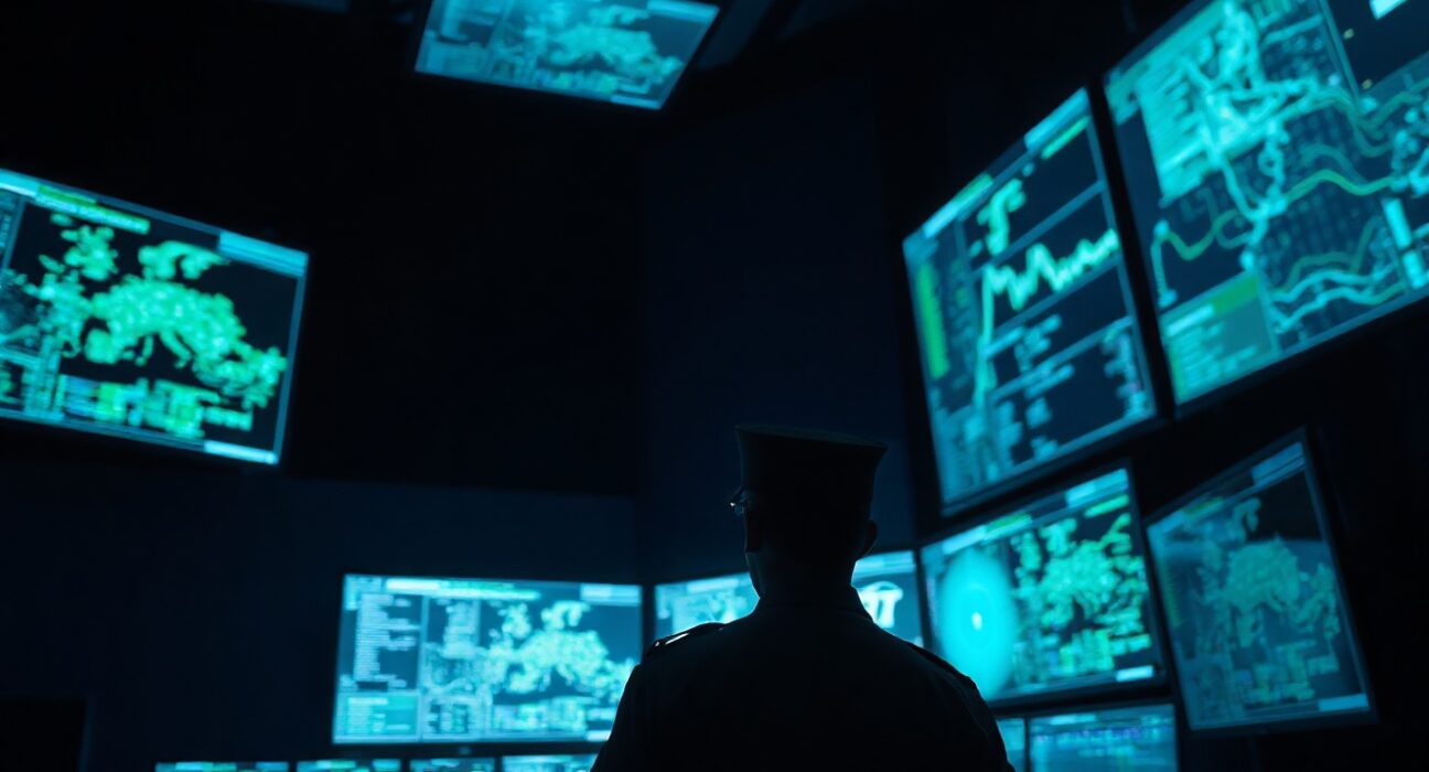 Dimly lit command center with monitors displaying data and a military officer silhouette observing