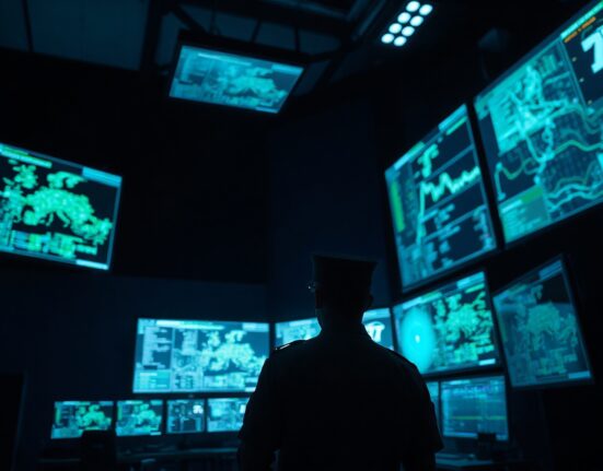 Dimly lit command center with monitors displaying data and a military officer silhouette observing