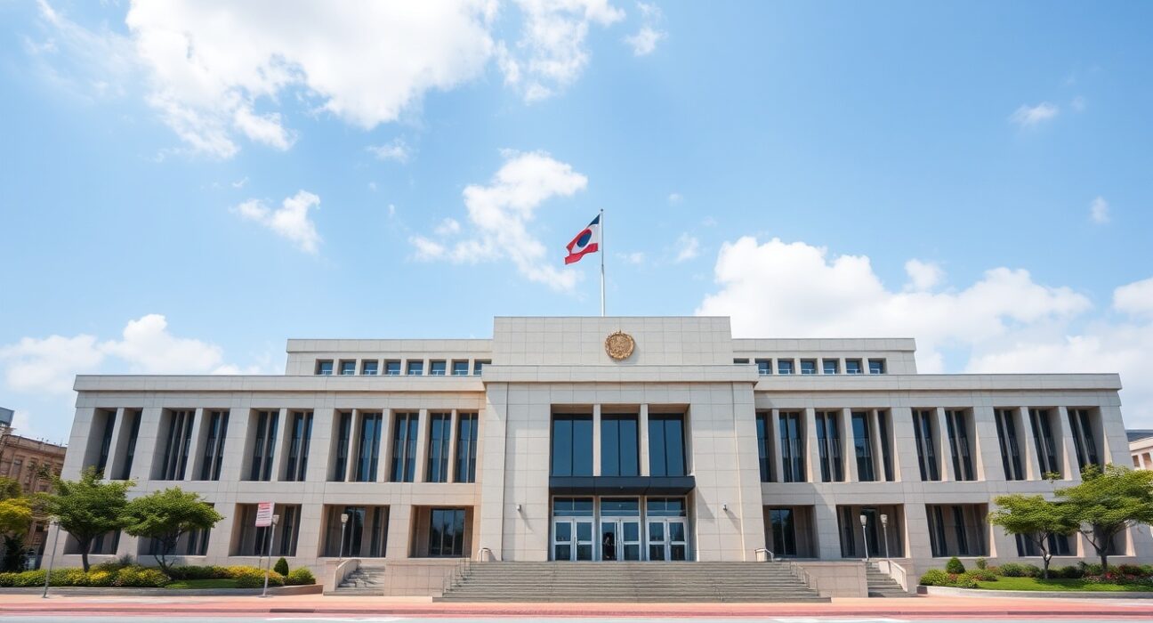 South Korean National Election Commission building on a clear day, representing election law and political candidate scrutiny.