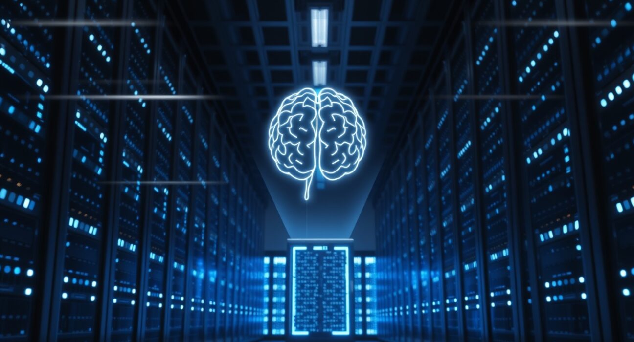 Modern data center with blue-lit servers and a holographic AI brain symbolizing advanced computing