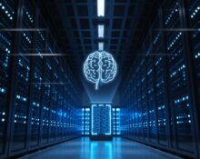 Modern data center with blue-lit servers and a holographic AI brain symbolizing advanced computing