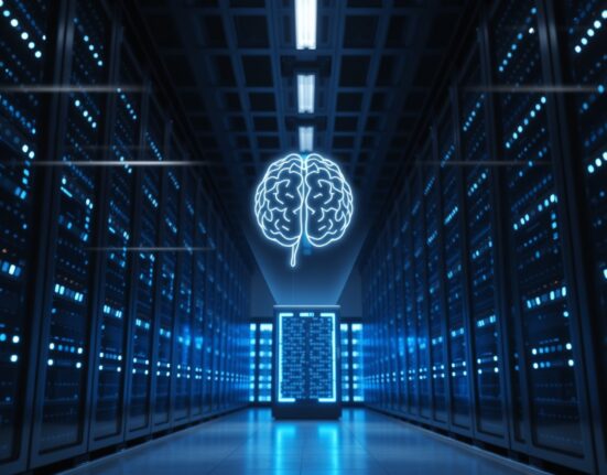 Modern data center with blue-lit servers and a holographic AI brain symbolizing advanced computing