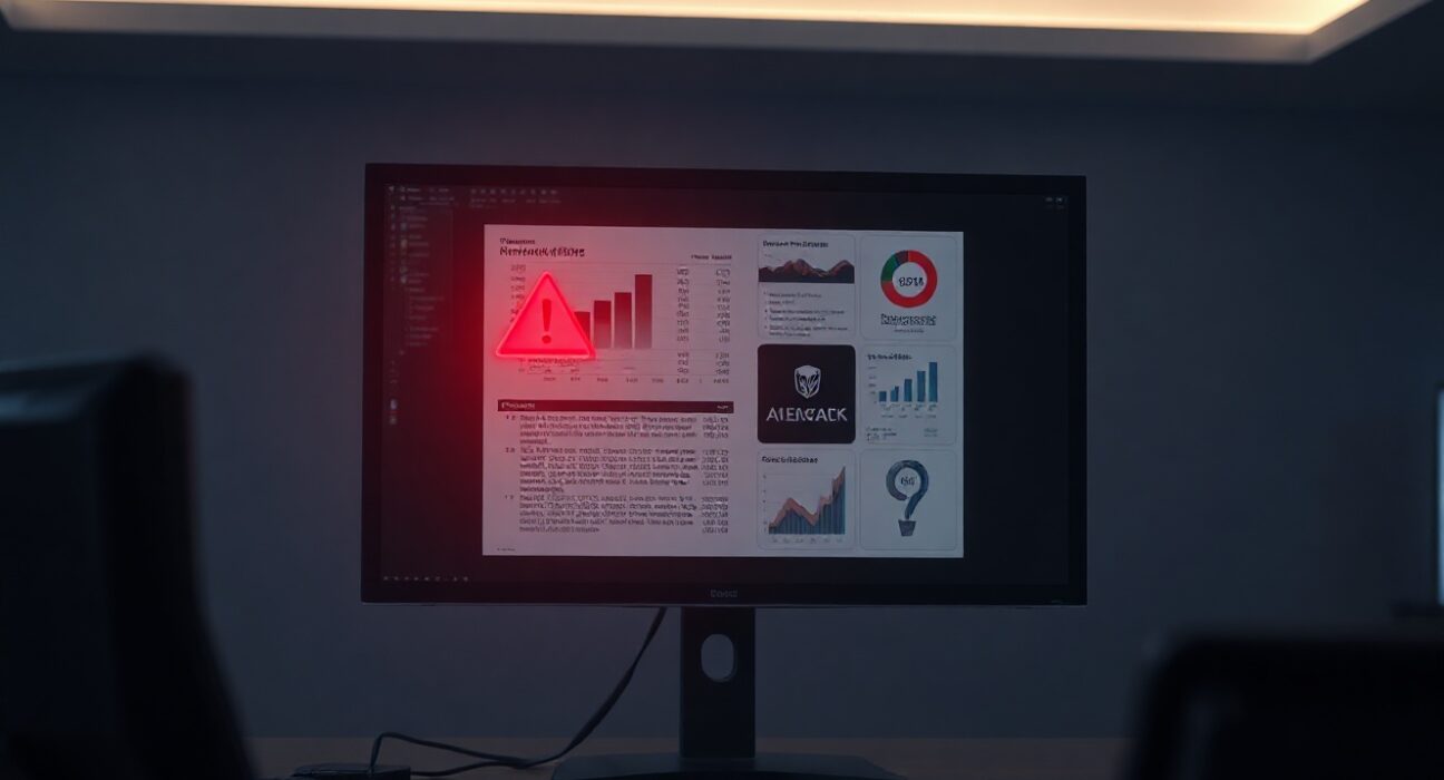 Cybersecurity analyst monitoring a computer screen displaying financial documents with threat indicators