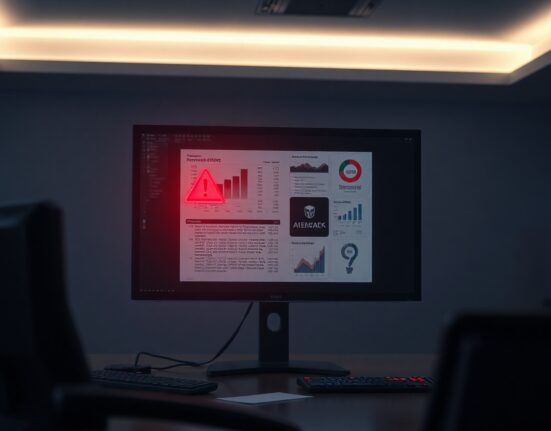 Cybersecurity analyst monitoring a computer screen displaying financial documents with threat indicators