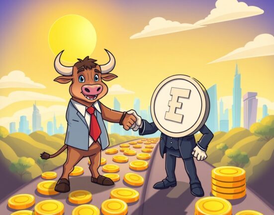 A vibrant cartoon of a business bull and a USDT coin sealing a landmark financial deal for KindlyMD.