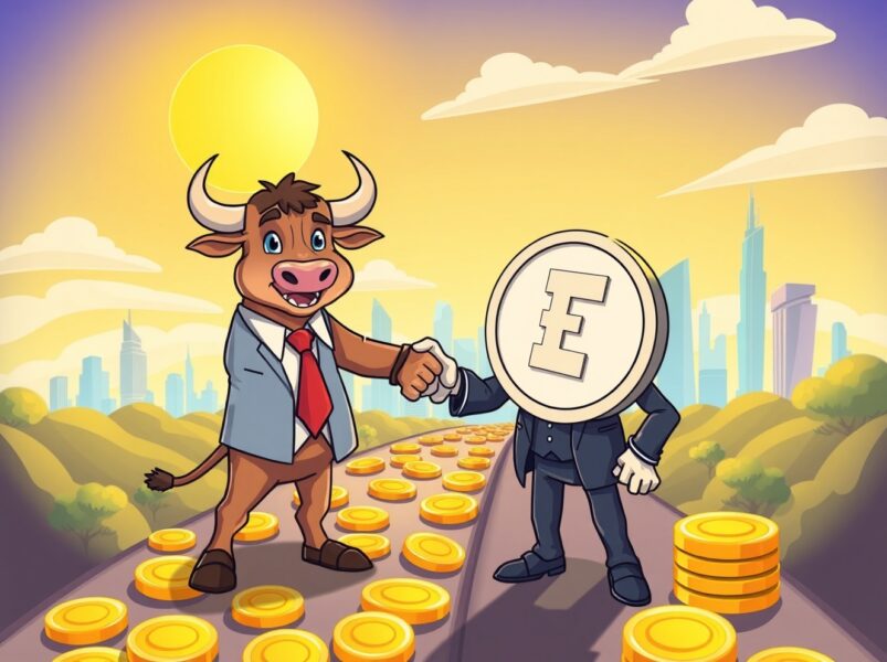 A vibrant cartoon of a business bull and a USDT coin sealing a landmark financial deal for KindlyMD.
