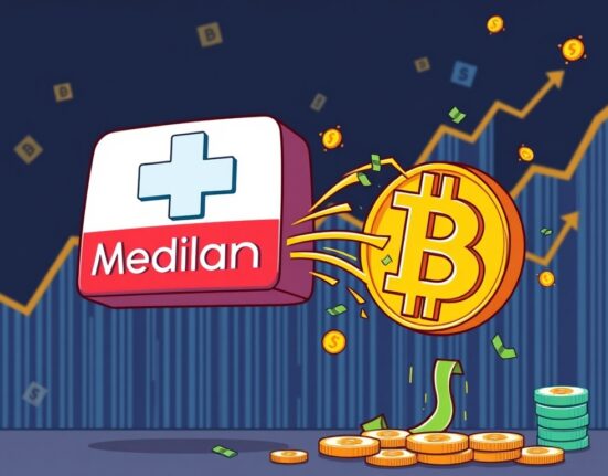 Cartoon showing KindlyMD's strategic move to fund significant Bitcoin purchases, symbolizing growth and digital asset investment.