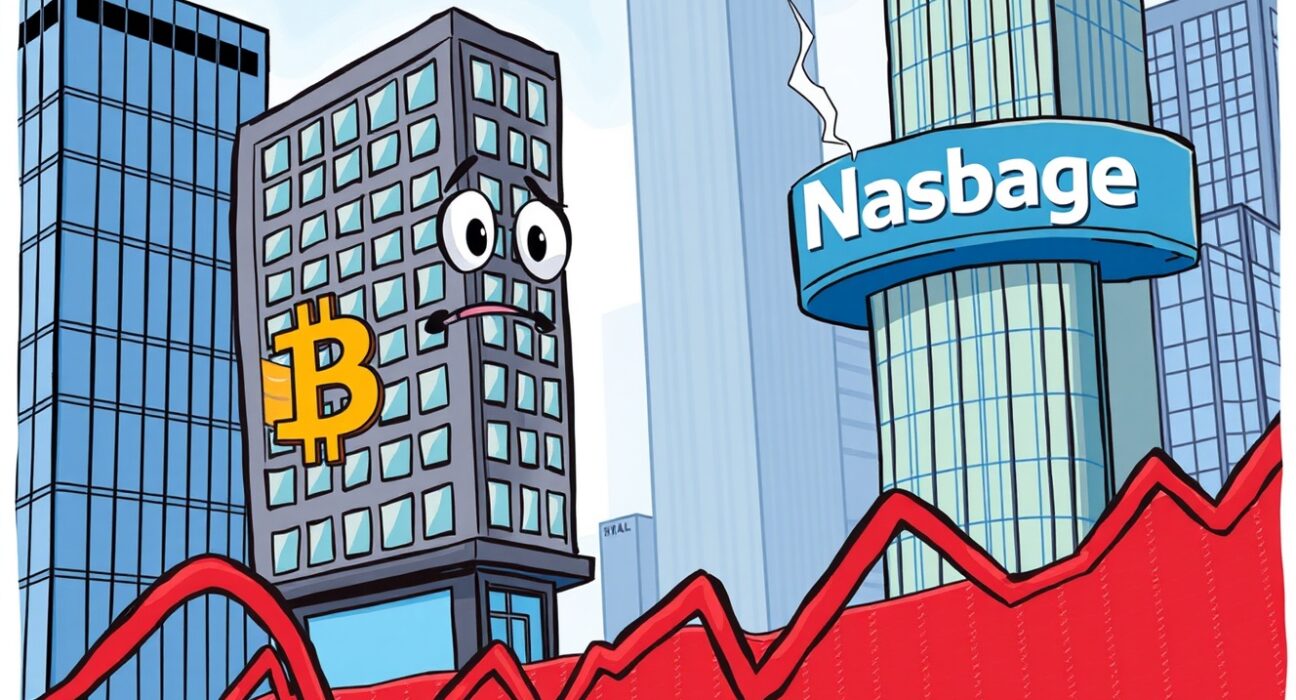 Cartoon illustration of a Bitcoin-investing company facing critical Nasdaq delisting risk on a falling stock ticker.