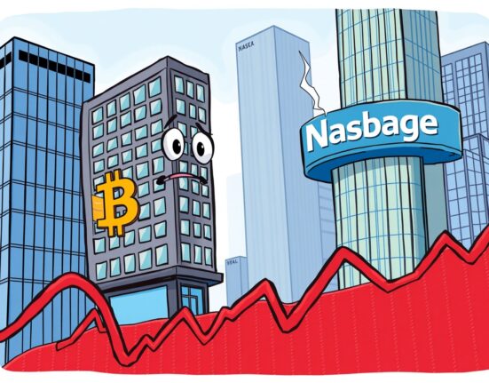 Cartoon illustration of a Bitcoin-investing company facing critical Nasdaq delisting risk on a falling stock ticker.