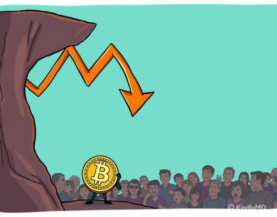 A cartoon showing KindlyMD stock dramatically falling, symbolizing the significant price drop and investor reaction to Bitcoin acquisition.